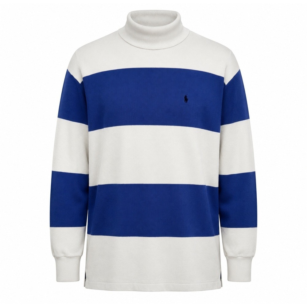 Ralph Lauren Mens Turtleneck Sweater Blue‎ White Stripe Cotton Pique Size M
